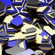 Dynamic composition of stacked geometric shapes in vibrant blue, black, and cream tones.
